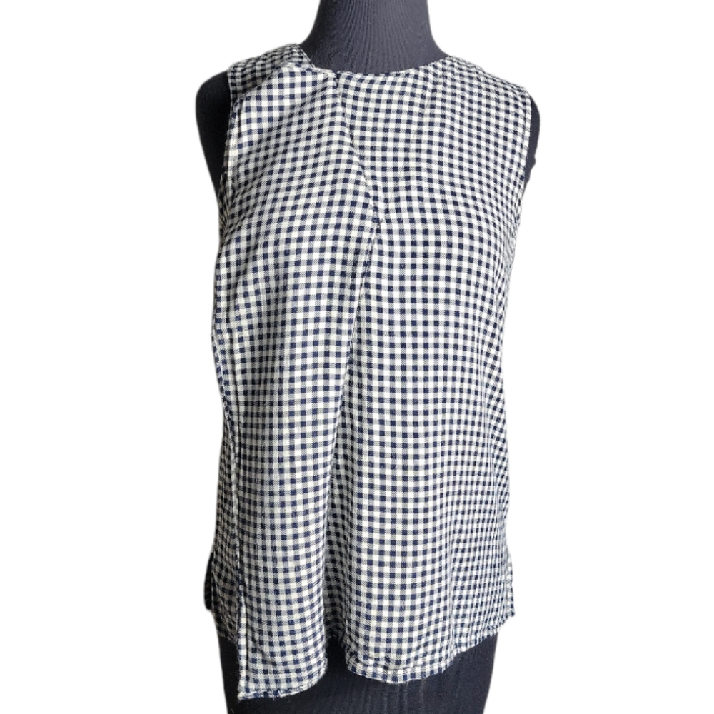 W by Worth blue cream gingham plaid sleeveless zip neck blouse women's size 4